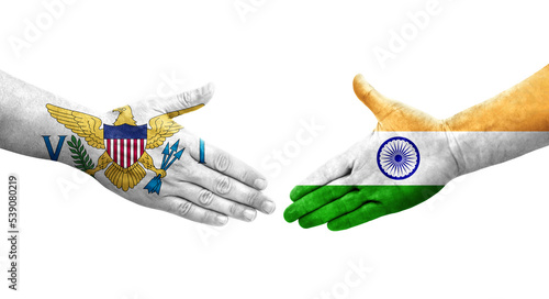 Handshake between India and Virgin Islands flags painted on hands, isolated transparent image.