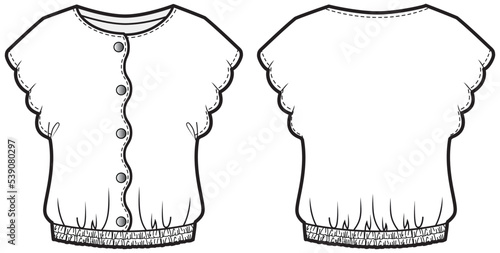 womens butterfly sleeve button up blouse fashion flat sketch vector illustration, front and back technical cad drawing template.