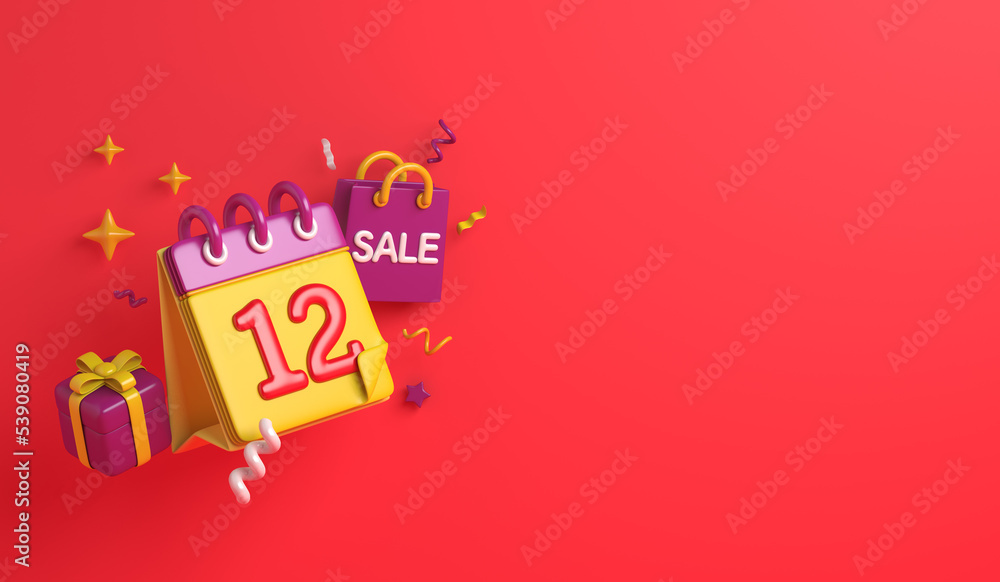 Naklejka premium 12.12 Shopping day sale background with calendar, gift box, shopping bag copy space text, 3D rendering illustration