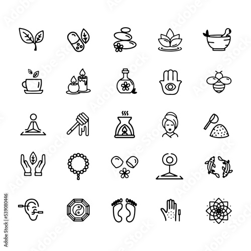 Vector graphic set. Editable outline stroke. 40x40 pixels. Icons in flat, contour, thin and linear design. Alternative medicine. Simple isolated concept Web site illustration. Sign, symbol, element.