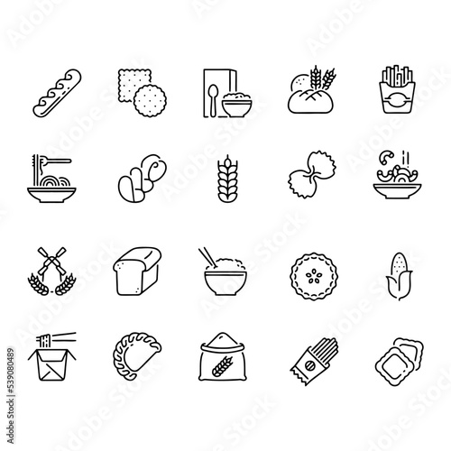 Line icons about carbohydrates. Food Contains such icons as whole grain, potato, pasta, bread, cereals, corn, wheat and rice. Editable stroke.