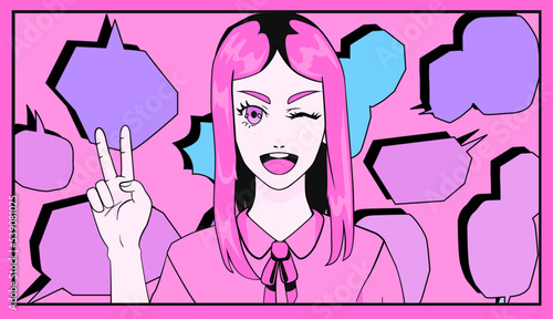 Anime girl with long hair and speech bubbles on the background. Manga comics style illustration.