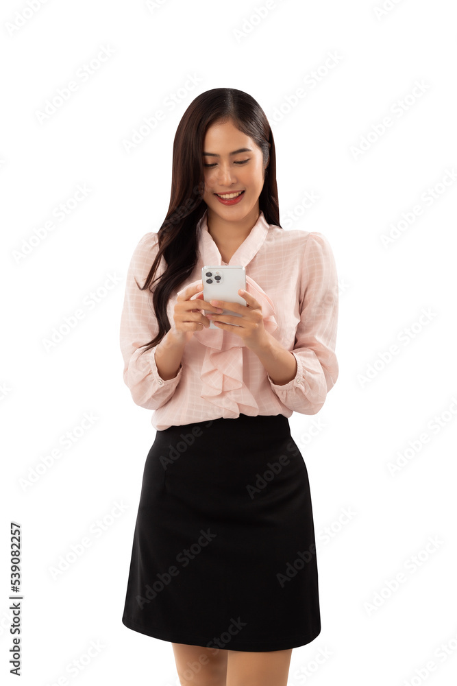 Portrait of a smiling asian woman using smartphone cutout, Png file. Portrait of a smiling asian woman using smartphone cutout, Png file.