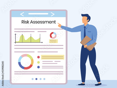 Risk assessment model with a person direction the rules of risk assessment. Person thumbs up and showing documentary rules of risk and assessment model. Hazard assessment document and risk level data.