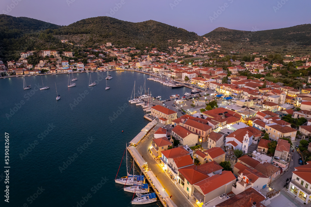 Panoramic view during sunset of the picturesque village Vathy the capital of Ithaca island, Ionian, Greece