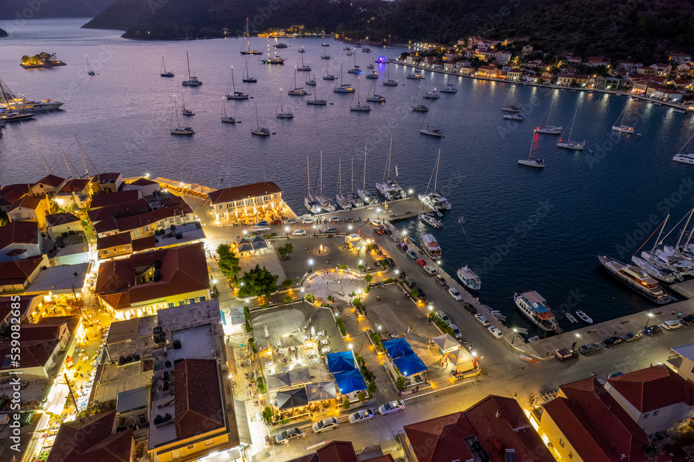 Fototapeta premium Panoramic view during sunset of the picturesque village Vathy the capital of Ithaca island, Ionian, Greece