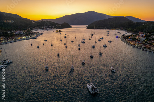 Panoramic view during sunset of the picturesque village Vathy the capital of Ithaca island, Ionian, Greece