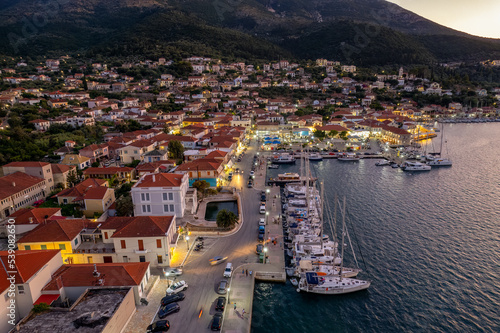 Panoramic view during sunset of the picturesque village Vathy the capital of Ithaca island, Ionian, Greece