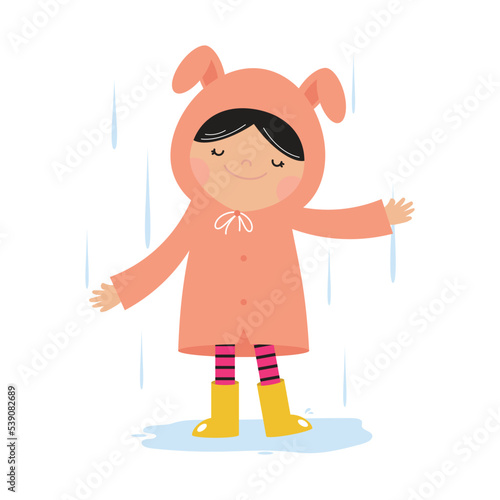 Cute Little Girl In A Bunny Raincoat Rainy Day
