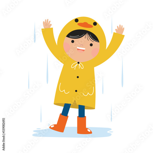 Child In A Duck Rain Coat Rainy Day