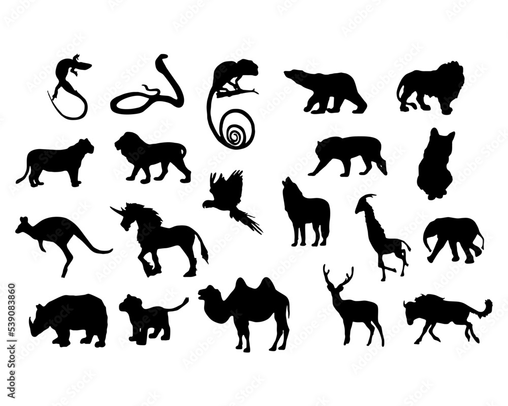 Fototapeta premium Set of black silhouette wild forest steppe animals. Vector illustration isolated on white, side view profile. Collection woodland animals.