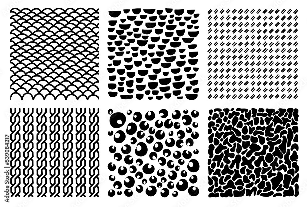Abstract hand drawn geometric simple minimalistic patterns set. Semicircle, leopard, stripes, rope, random symbols textures. Vector illustration