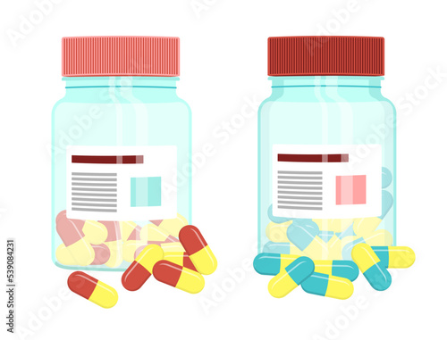 Transparent plastic, light blue amber glass bottles for medicines with red and blue pills or dragee vials closed with cap isolated vector illustrations. Pharmaceutical product packaging