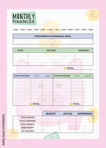 Minimalist planners. Monthly finance planner template. Cute and simple colorful printable business organizer page. Paper sheet. Vector illustration