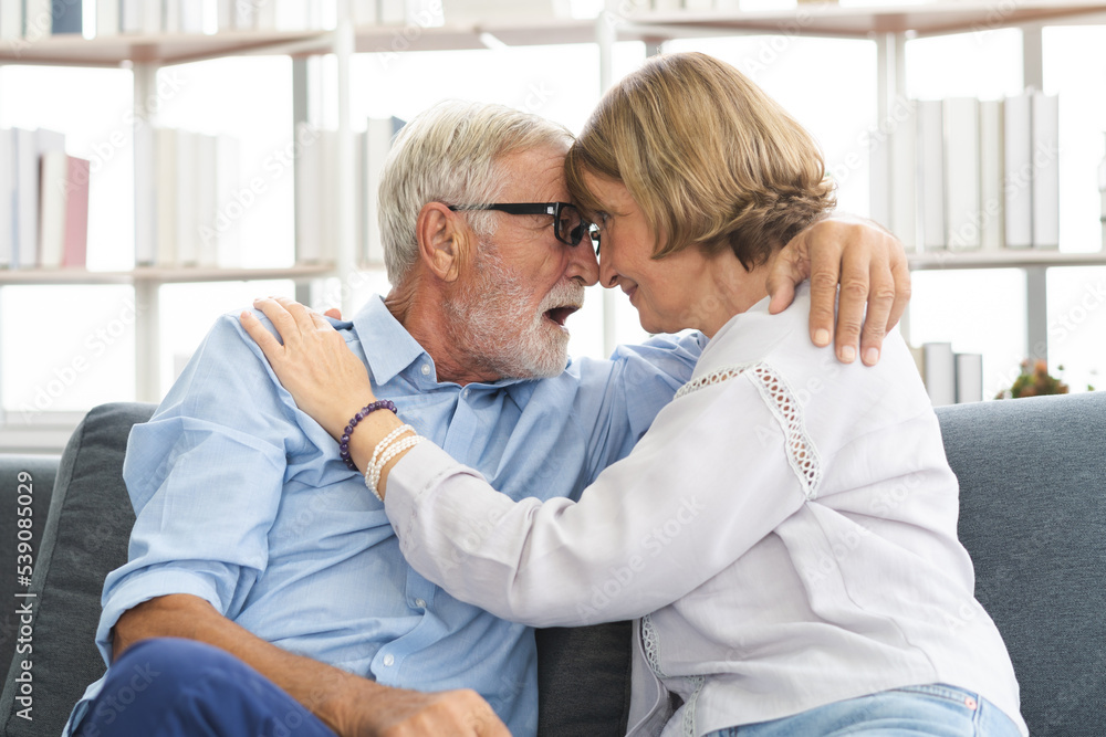 Obraz premium Happy senior couple family, caucasians mature, adult lover and retired man, woman embracing, hugging make romantic, empathy on sofa, couch at home together. Smile, husband and his wife lifestyle.