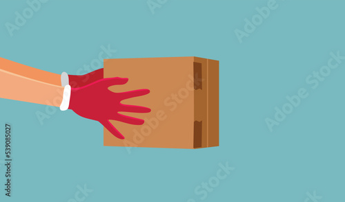 Santa Claus Holding a Cardboard Delivery package Vector Cartoon Illustration. Delivery service arriving just in time for the holidays
