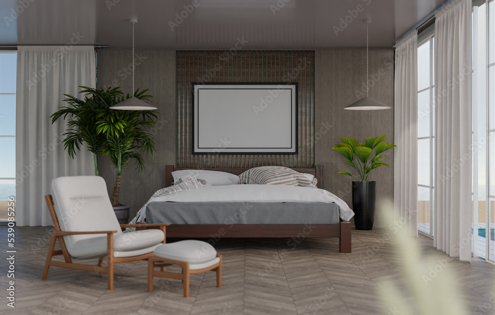 Fototapeta premium 3D mockup blank photo frame in bedroom at pool villa