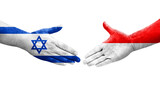Handshake between Indonesia and Israel flags painted on hands, isolated transparent image.