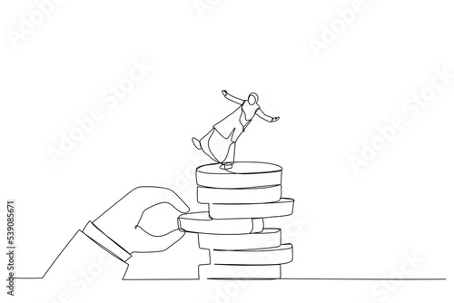 Cartoon of giant hand pull back money from coin stack causing arab woman to fall down. Metaphor for investment risk, liquidity, market volatility. One continuous line art style