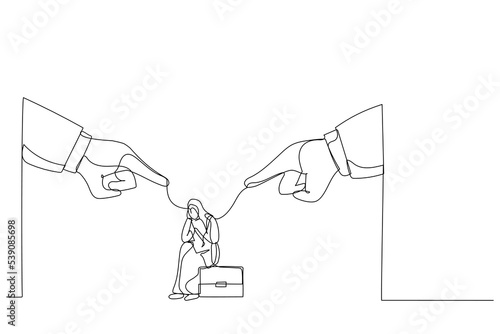 Drawing of giant boss hands pointing and blaming at depressed muslim businesswoman employee. Metaphor for toxic work, abuse or bullying colleagues. Single continuous line art style
