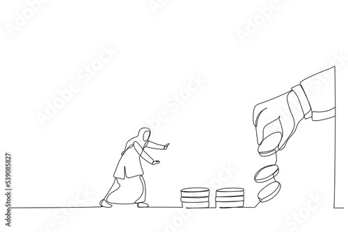 Drawing of big hand use dollar coin to entice arab businesswoman. Metaphor for business trap and financial. Continuous line art