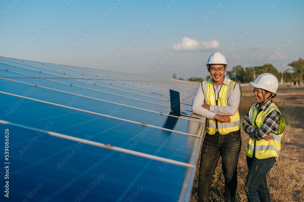 Young engineer and female owner discussing at solar farm