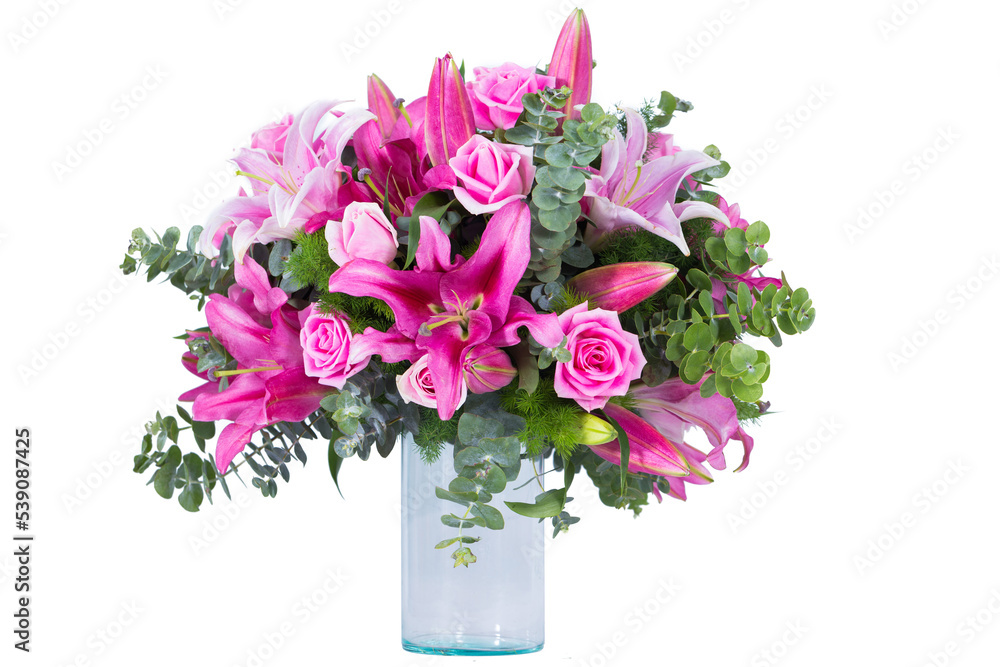 Flower vase on white background , pink rose and lily