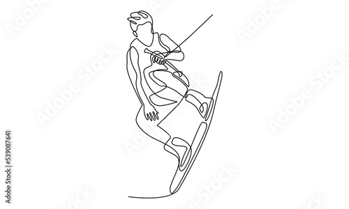 Continuous line of young man play wakeboarding in the sea beach