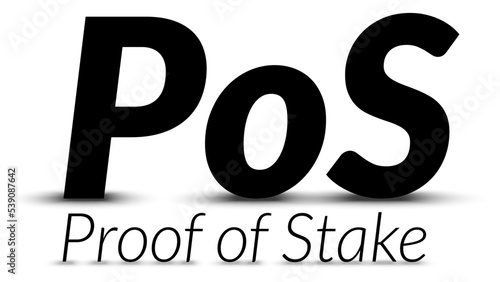 Black text PoS Proof of Stake with shadows isolated on white background. Design element.