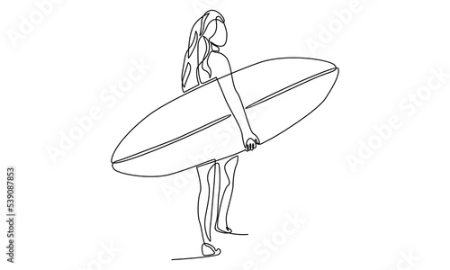 Continuous line of woman holding surfboard