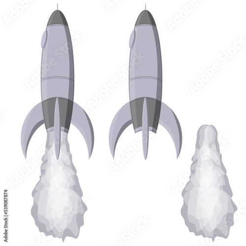 Set of spaceship with smoke isolated. Space rocket design element.