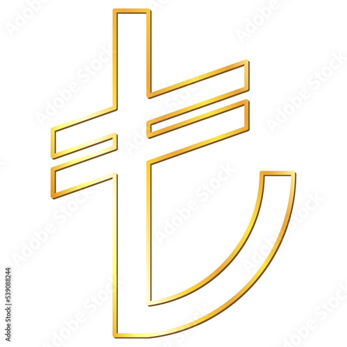 Turkish lira TRY currency golden sign outline front view isolated on white background. Currency by Central Bank of Turkey. Design element.