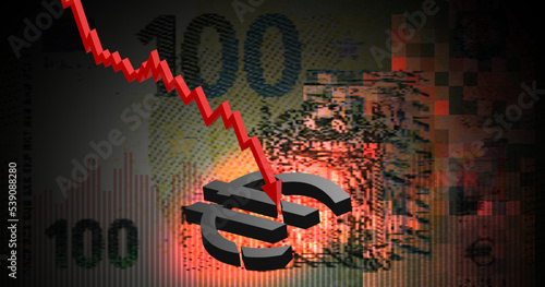 Vector broken 3d euro symbol and red downward graphic arrow on turbid dark pixel banknote background. Financial and economic poster, European Union monetary collapse and fall