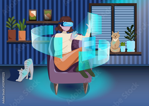 Metaverse digital cyber world technology, woman holding virtual reality glasses surrounded with futuristic interface 3d hologram data, woman in a cozy room with cats and plants. Vector illustration.