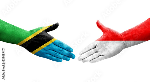 Handshake between Indonesia and Tanzania flags painted on hands, isolated transparent image.