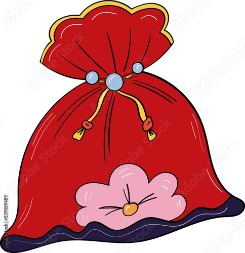 Red bag with cute flower sakura for Chinese New Year and golden coins
