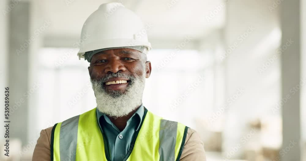 Senior black man, architect and portrait smile for construction or building project on site at the workplace. Happy elderly African American male professional builder smiling for industrial success Senior black man, architect and portrait smile for construction or building project on site at the workplace. Happy elderly African American male professional builder smiling for industrial success