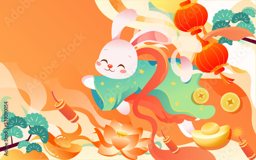 Chinese New Year 2023  Celebrating the New Year of the Rabbit with ingots and money in the background  vector illustration