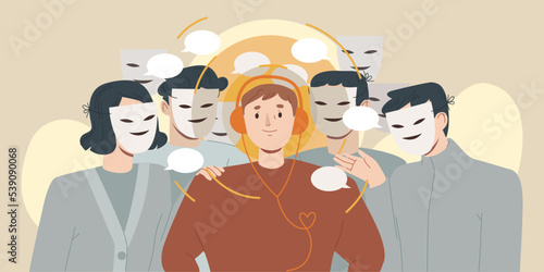People in masks telling a gossip or lie to a happy young man in headphones who ignoring all surrounding noise. Concept of hypocrisy, dishonesty. Vector illustration 