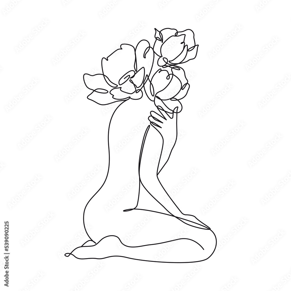 Woman with Flowers Line Art Drawing. Female Figure Minimalist