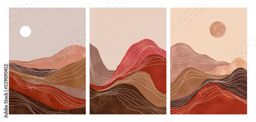 Natural abstract mountain on set with line art. Mid century modern minimalist art print. Abstract backgrounds landscape. vector illustrations