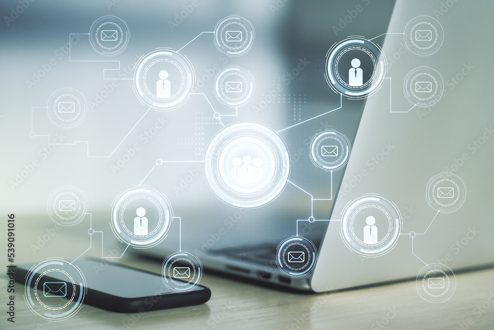 Double exposure of social network icons concept with computer on background. Networking concept Double exposure of social network icons concept with computer on background. Networking concept