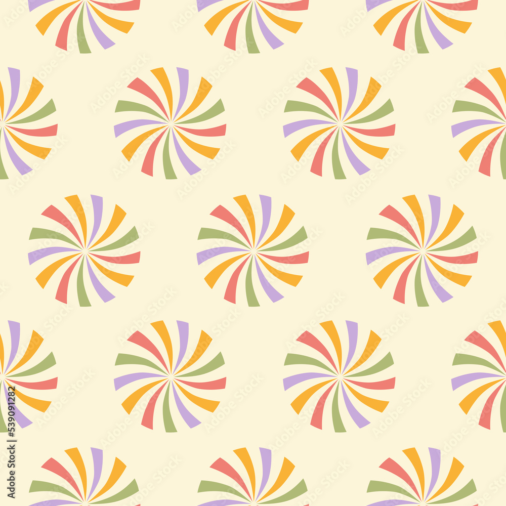 Pastel minimalistic seamless pattern with circle rainbow sweets on a beige background. Retro vintage christmas print in style 60s, 70s. Vector illustration