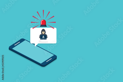 Hacker, malware notification on mobile phone. Smartphone with hacker alert, spam data on cellphone fraud error message, scam, virus. Vector illustration.