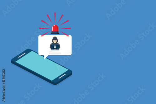 Hacker, malware notification on mobile phone. Smartphone with hacker alert, spam data on cellphone fraud error message, scam, virus. Vector illustration.