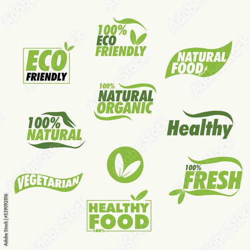 Organic food, farm fresh and natural product stickers and badges collection for food market, ecommerce, organic products promotion, healthy life and premium quality food and drink. 