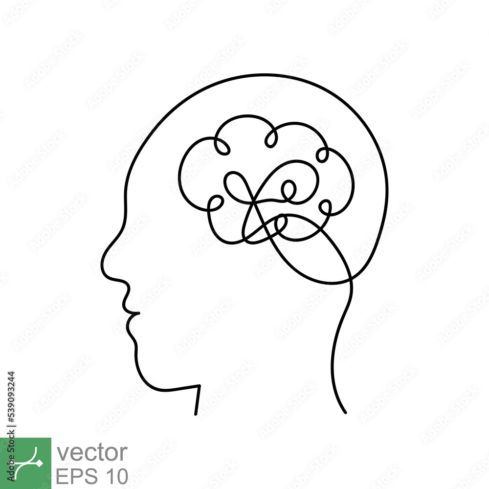 Continuous line art and one line drawing of a human head with brain ...