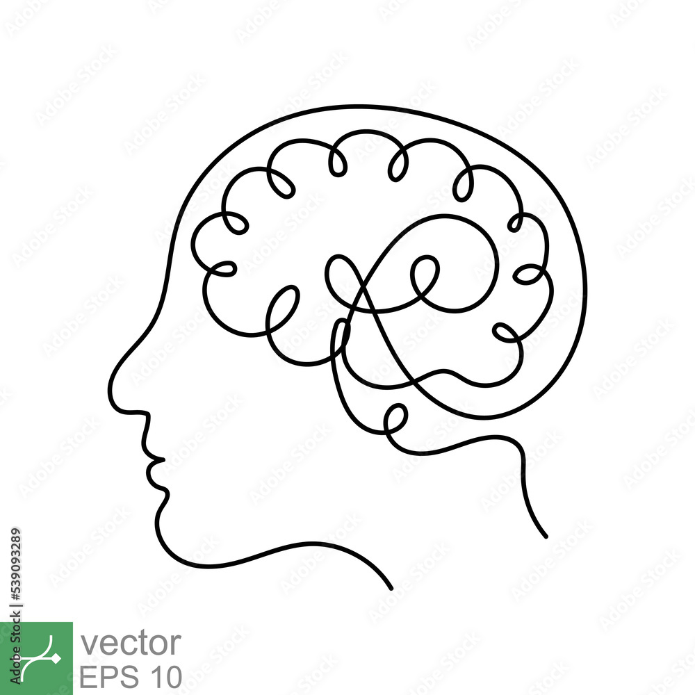 Continuous line art and one line drawing of a human head with brain. Linear outline stroke, mechanical and robotic technology with advanced. Vector illustration isolated on white background. EPS 10. Continuous line art and one line drawing of a human head with brain. Linear outline stroke, mechanical and robotic technology with advanced. Vector illustration isolated on white background. EPS 10.