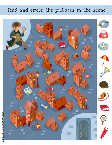 Find and circle 10 hidden objects. Educational puzzle for children. Vector illustration. Help the detective get into the castle.