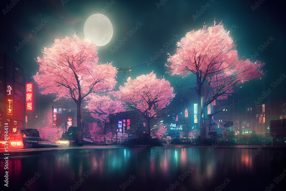 Fototapeta premium Fantasy Japanese night view city citycape, neon light, residential skyscraper buildings, pink cherry sakura tree. Night urban anime fantasy.